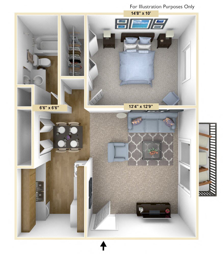 Floor plan for 1 bed, 1 bath, 615 sqft